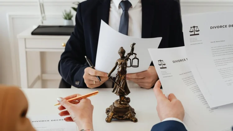 Legal professionals reviewing divorce documents in a law office with a Lady Justice statue.